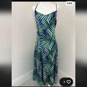 Old Navy Floral Slip Dress Midi Sz L Women Green Blue Palm Leaf Tropical Coastal